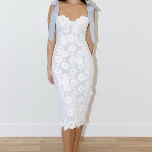 Watters White Floral Lace Midi Dress with Blue Accents